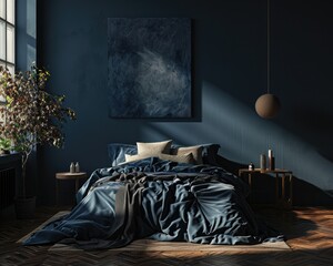 Cozy Bohemian Home Bedroom Mockup with Dark Blue Interior Background - 3D Render