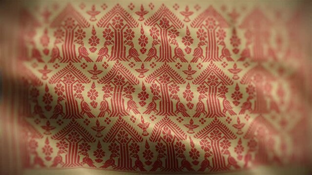 Assamese Gamosa or Gamusa embroidery motifs fabric wave loop. muga silk cloth fluttering in the wind or waving red and white cloth. red Indian pattern.