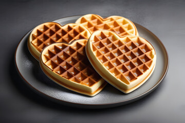 Golden-Brown Heart-Shaped Waffles on Gray Plate with Powdered Sugar