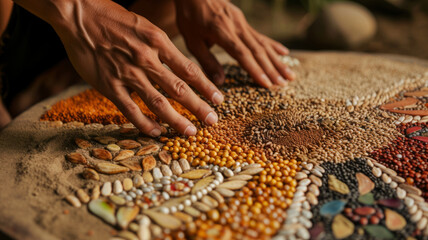 Hands carefully arrange a variety of bright seeds into a blooming mandala on fertile soil