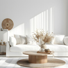 Home living room interior with white sofa and coffee table with decor, sunlight on white wall, 3d render