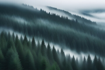 Misty Mountains with Pine Trees in Foggy Forest, Serene Nature Scene for Background or Print