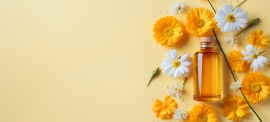 Calendula Extract lotion. Cosmetic lotion oil with natural fresh Calendula Extract. Copy space. Photo texture. Horizontal banner. Minimalism.