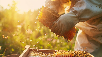 Beekeeper's hands remove honeycombs from the hive