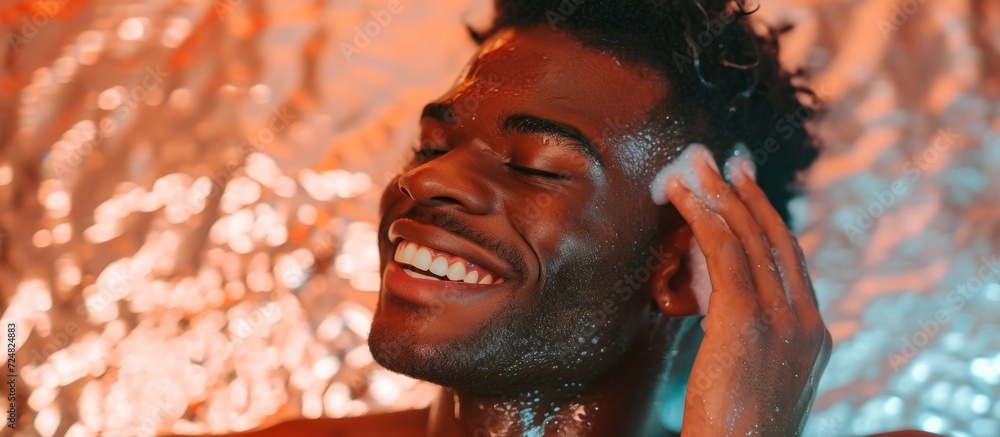 Canvas Prints A man with a smile cleans his ears on a bright backdrop.