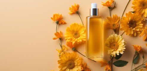 Fototapeta na wymiar Orange Natural Facial lotion with orange flowers. Cosmetic herb lotion for face with orange flowers on light orange background. Copy space. Horizontal banner. Minimalism.