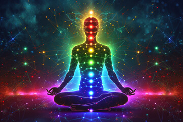 Abstract representation of a meditating person with chakras illuminated by vibrant multicolored lights and cosmic energy