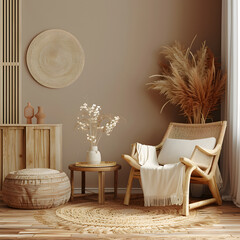 Cozy home interior with wooden furniture on brown background, empty wall mockup in boho decoration, 3d render.