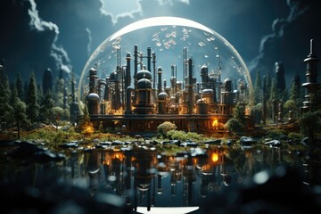 An image of a factory or a power plant surrounded by a transparent sphere. This image represents the need for a net zeco emissions and carbon capture.