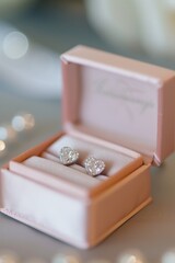 Gorgeous heart-shaped diamond earrings display in a pink box, with a luxurious blurred background