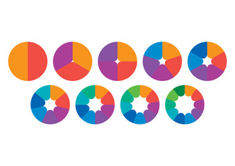 nine step pie slices. round pie charts. 2 steps-10 steps pie slices