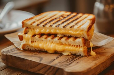 Grilled Cheese Sandwich - Delightful Melted Cheese on a Wooden Board in Light Yellow and Dark White Fiber Style