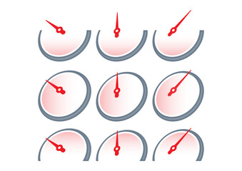 nine step speedometer. speedometer set. gray-red perspective speedometer