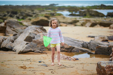Adorable preschooler girl playing with scoop net on the beach at Atlantic coast of Brittany, France