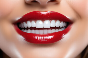 Obraz premium Close-up of a womans luscious red glossy lips and bright white teeth in a perfect smile