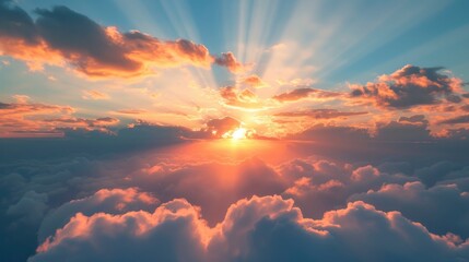Sunrise dramatic blue sky with orange sun rays breaking through the clouds, stock photo