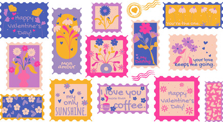 Set of colorful retro postage stamps. Trendy 70s style. Vintage floral and ornate.