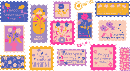 Set of colorful retro postage stamps. Trendy 70s style. Vintage floral and ornate.