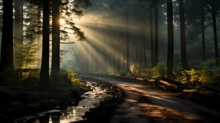 An enchanting silver gray misty forest with rays of sunlight piercing through the trees