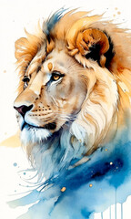 Watercolor painting of a lion and blue and gold splashes, Good for postcards, poster, kid's room, book cover and canvas, Generative AI