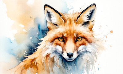 Obraz premium Watercolor painting of a red fox and blue and gold splashes, Good for postcards, poster, kid's room, book cover and canvas, Generative AI