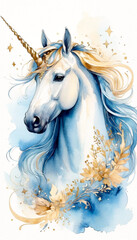 Watercolor painting of a horse, unicorn, and blue and gold splashes, Good for postcards, poster, kid's room, book cover and canvas, Generative AI