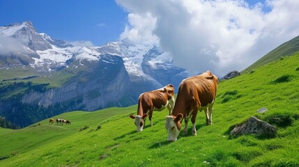 Fototapeta na wymiar The Swiss Milk Cows eating green grass in the Alps, over the white snowing mountains, blue sky, sunny day