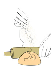 hand drawn line art vector of Home made sourdough bread prep process. Bakers and their hard work. Bread making industry