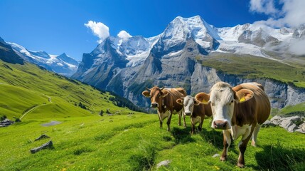 Fototapeta na wymiar The Swiss Milk Cows on the green grass in the Alps, over the white snowing mountains