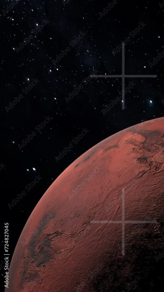 Wall mural vertical view slowly moving over the surface of a conceptual mars from space with cross hairs as if 