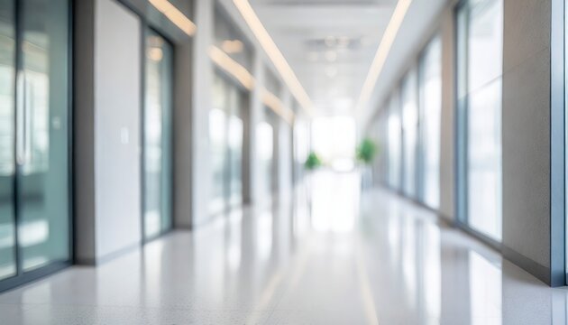 Abstract Blur of a Modern Glass Corridor. A defocused image captures the light-filled expanse of a modern corridor, its glass walls reflecting the bright ambience