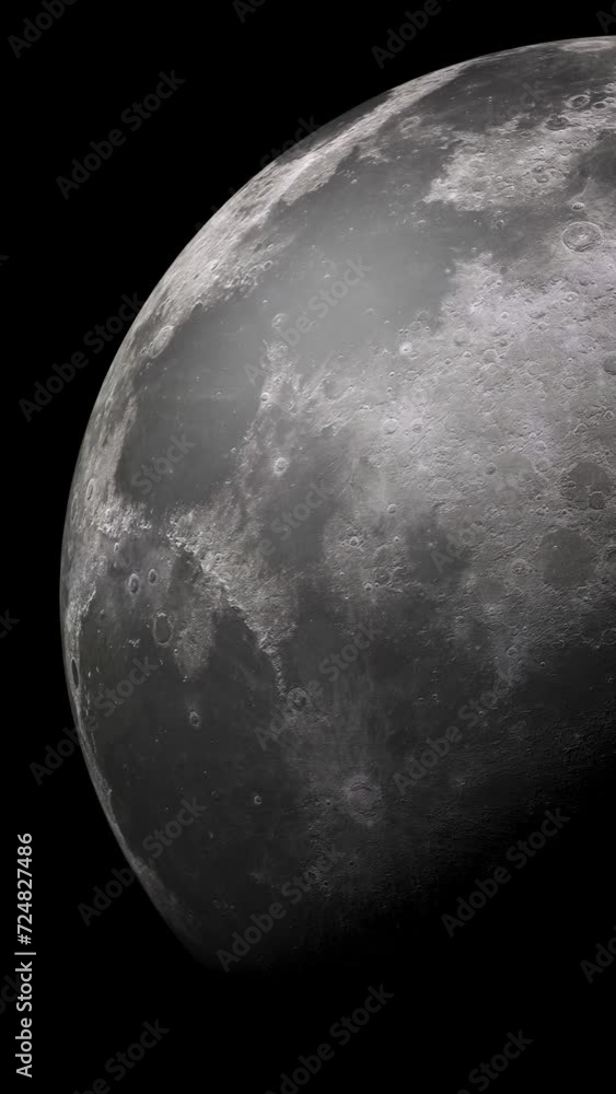 Poster vertical view of a bright moon slowly turning in space concept with deep shadows over the surface