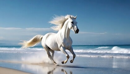 Obraz na płótnie Canvas A white horse galloping along a sandy beach with ocean waves. Majestic white stallion with flowing mane runs by the sea under clear skies