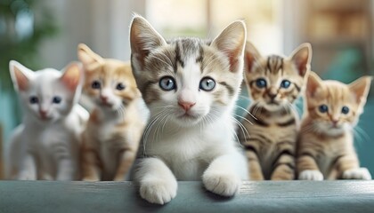 Kittens with blue eyes looking forward. A group of young cats with varied coat patterns seated and gazing attentively
