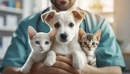 Veterinarian holding a puppy and two kittens. A male vet in scrubs cradles a white puppy and two young felines, expressing care