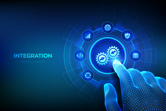 Integration data system. System Integration concept on virtual screen. Industrial smart technology. Business automation solutions. Wireframe hand touching digital interface. Vector illustration.