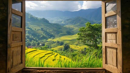 view from the window, at a wonderful landscape nature view with rice terraces and space for text
