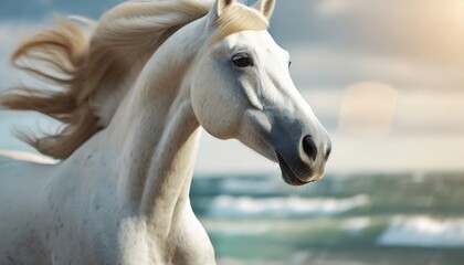 White horse with flowing mane on a cloudy beachfront. Stallion with windswept hair by the sea under overcast sky