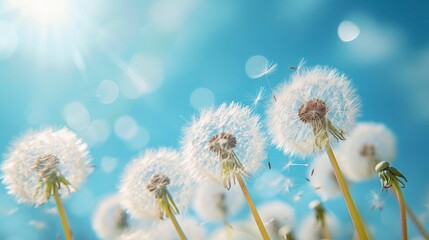 white dandelions close up view, over blue sky , blue bokeh background