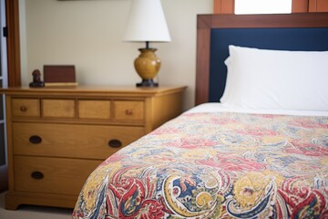 a bedspread with a paisley pattern on a sleigh bed - obrazy, fototapety, plakaty