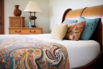 a bedspread with a paisley pattern on a sleigh bed - obrazy, fototapety, plakaty