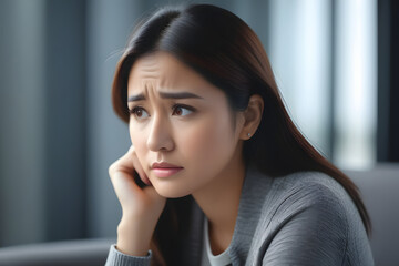 Contemplative young woman, pensive expression, daydreaming, Bangkok, Thailand