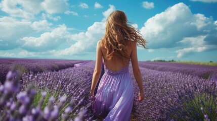 Young beautiful woman in lavender fields with a romantic mood in the summertime wearing a purple...