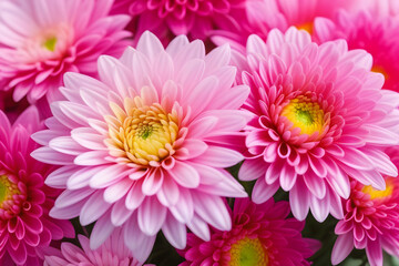 Close-up of pink dahlia flowers in full bloom with blurred background. Isolated on pink background.