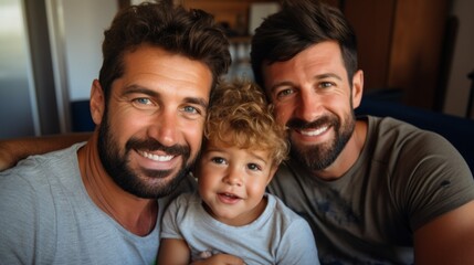 Fototapeta premium Close-up of a happy smiling gay married couple with a child in the living room, having a good time with a threesome sitting on the couch.