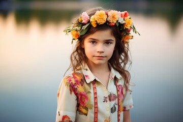 girl with floral garland by lake