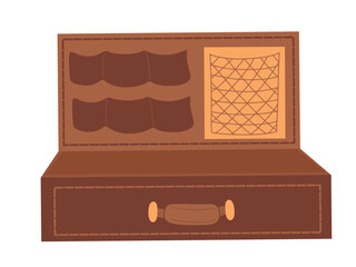 An open brown travel suitcase. Vector illustration isolated on a white background. An open luggage case. An empty bag, a box for travel and leisure trips.