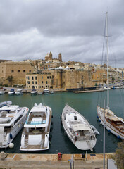 View of downtown and marina in Birgu, Malta