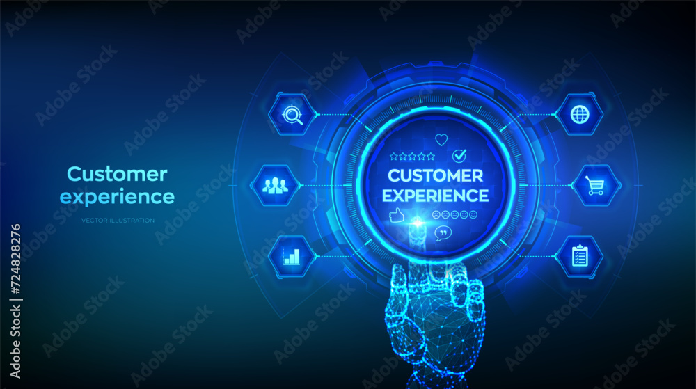 Poster Customer Experience concept. Customer Satisfaction Survey. Service experience rating online application. Satisfaction feedback review. Wireframe hand touching digital interface. Vector illustration.