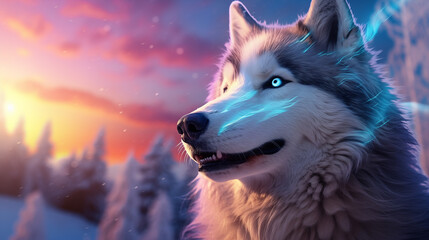 Majestic Husky with Glowing Blue Eyes at Sunset